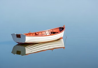 A solitary white and red rowboat floats peacefully on a calm, reflective blue body of water under a clear sky