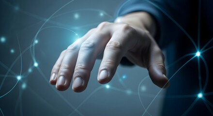 Human Hand Interacting with a Futuristic Digital Interface Showing Nodes and Connections Representing Networking Global Communications or Innovation Reaching Out in Cyberspace and Technology