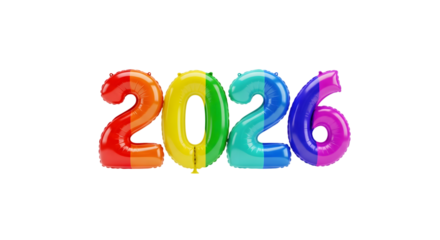 Rainbow colored balloons forming the year 2026 isolated on transparent background