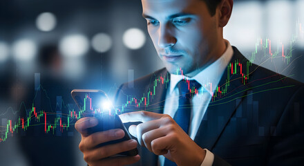 Financial professional analyzing stock market data on mobile device in modern office setting showcasing data driven business decisions leveraging technology and innovative tools for investment