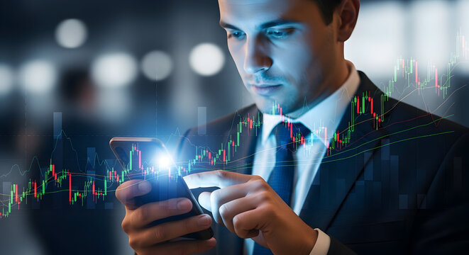 Financial professional analyzing stock market data on mobile device in modern office setting showcasing data driven business decisions leveraging technology and innovative tools for investment