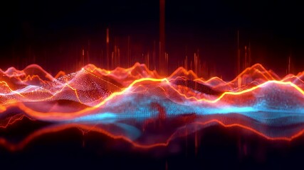 Vibrant glowing neon sound waves flowing in red orange and blue on dark background - Powered by Adobe
