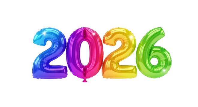 Colorful 2026 number balloons isolated on transparent background