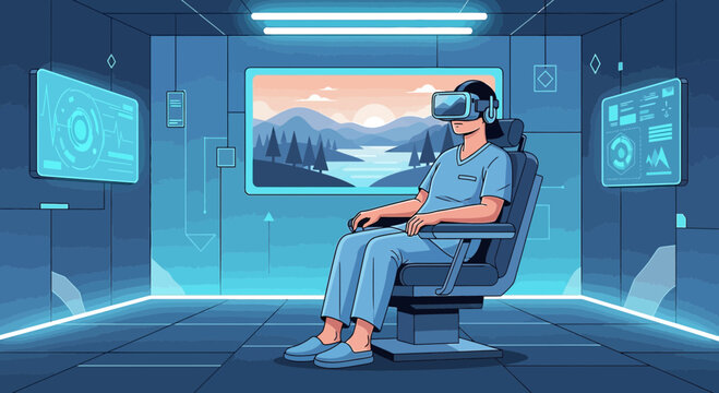 Person experiencing virtual reality in a futuristic setting with advanced technology displays
