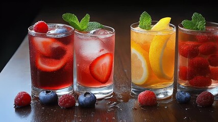 Refreshing Fruit Infused Water Drinks with Mint and Berries on a Table. - Powered by Adobe