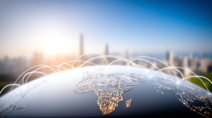 Global connectivity concept with a digital globe illuminated by morning light, symbolizing interconnectedness and innovation.