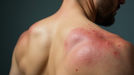 Fototapeta premium A person with numerous red spots on their back, possibly due to an allergic reaction or bug bites