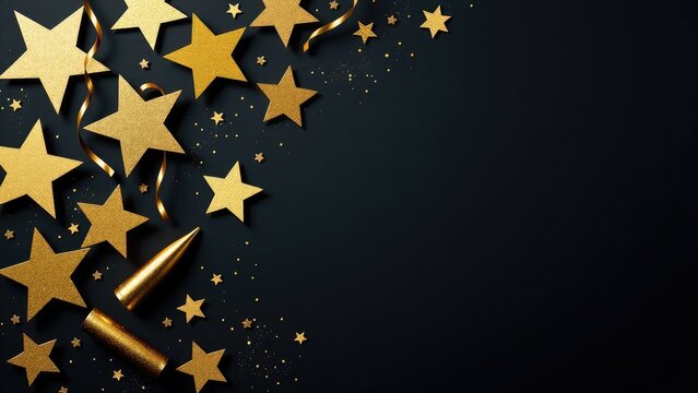 Colorful celebration scene with glittering gold stars and confetti against a dark background, great for party or event themes