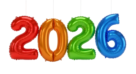 Colorful 2026 number balloons isolated on transparent background