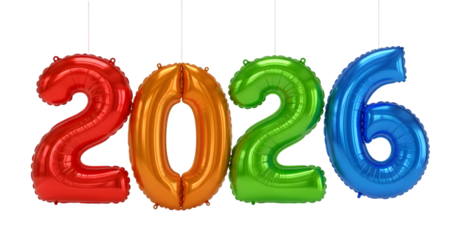 Colorful 2026 number balloons isolated on transparent background