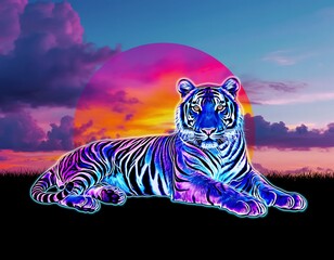 A striking, neon-colored tiger reclines against a vibrant, retro-futuristic sunset backdrop, embodying a sense of wild elegance and cosmic energy