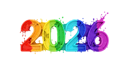 Colorful 2026 numbers with paint splashes isolated on transparent background