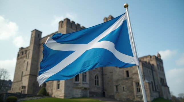Scottish Saltire flag flying dramatically in front of an ancient castle.
