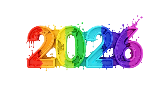 Colorful 2026 numbers with paint splashes isolated on transparent background