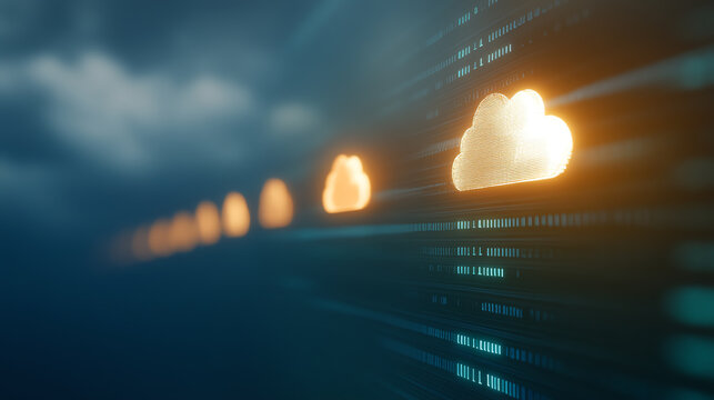 Innovative cloud computing concept showcasing digital storage and data transfer in a bright, futuristic environment.