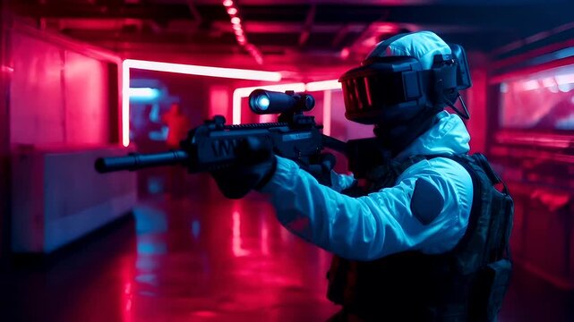 A vivid, actionpacked scene featuring a soldier in a futuristic setting. The soldier is equipped with a hightech rifle, and the environment is illuminated with neon lights in hues of red, blue.