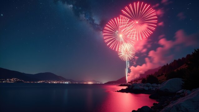 Aerial display of colorful fireworks exploding above calm waters