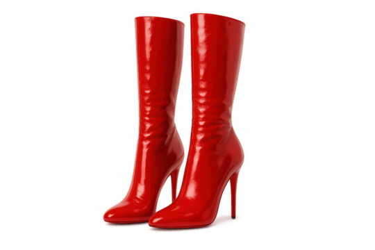 Red glossy high-heeled boots. Fashionable seductive footwear for women with shiny patent leather texture, transparent background