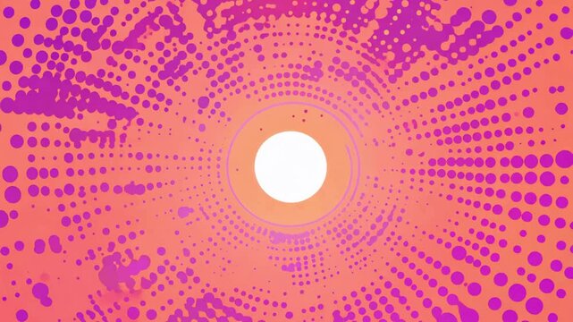 Bright pink and orange halftone dot tunnel rotating around a white sun. Abstract retro pop art or comic style motion background loop.