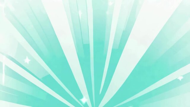 Rotating mint green and white sunburst rays with twinkling stars. Cute abstract cartoon or anime background for summer, kids, or pop art themes.