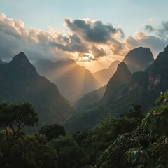 A breathtaking sunrise over misty tropical mountains, golden sunlight shining through clouds and illuminating the lush green valley below. Perfect for nature, travel, adventure, and landscape concepts