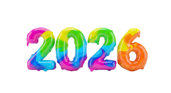 Colorful 2026 balloon numbers isolated on transparent background