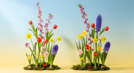 Two vibrant bouquets of spring flowers including tulips daffodils hyacinths and other colorful blossoms arranged symmetrically