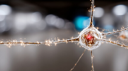 Macro view of a neuron with glowing connections, reflecting the intricate world of neural communication and brain activity.