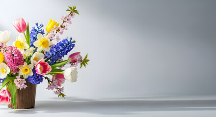 Vibrant spring flower arrangement in a vase with tulips hyacinths and daffodils on a light background