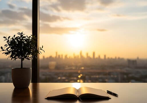 Open notebook and pen on a wooden desk with a potted plant and a city skyline at sunset through the window
