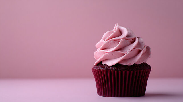 Indulgent chocolate cupcake with swirls of creamy pink frosting, a delightful treat - Powered by Adobe