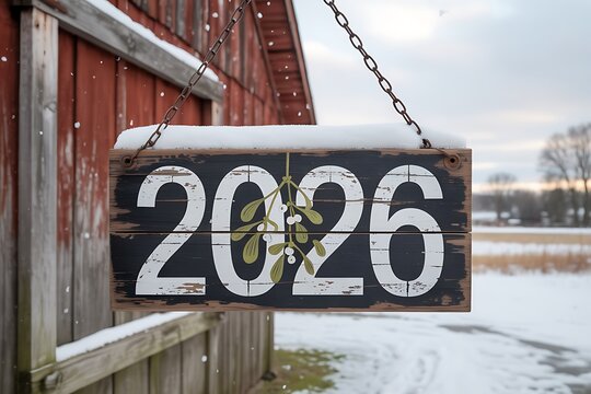 Rustic wooden sign with the year 2026 hanging outside a barn in winter