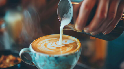 Coffee latte art barista pouring milk into cup