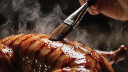 Close-up of a hand brushing sauce on roasted meat, culinary delight.