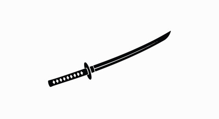 Flat 2D vector illustration featuring a sharp Japanese samurai sword silhouette, elegantly drawn and centered on a clean white background, symbolizing martial arts strength and tradition.