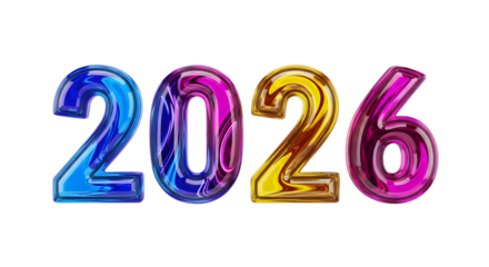 Glossy colorful 2026 numbers isolated on transparent background