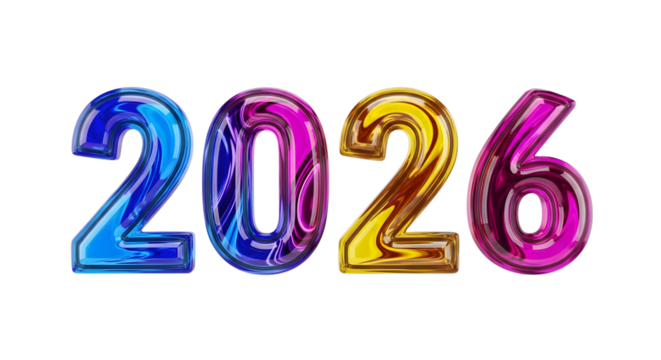 Glossy colorful 2026 numbers isolated on transparent background