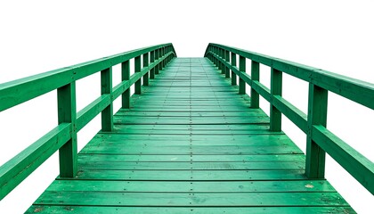 Obraz premium Wooden walkway with green railings leads forward against a white background.