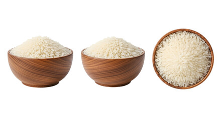 Three Rice Bowls Abundance White Rice Grain Bowl Wood Table Top View Rice Variety Cooking on transparent background