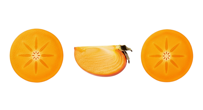 Fresh Persimmon Slices Isolated on Black Background Detailed Macro Shot of Vibrant Orange on transparent background