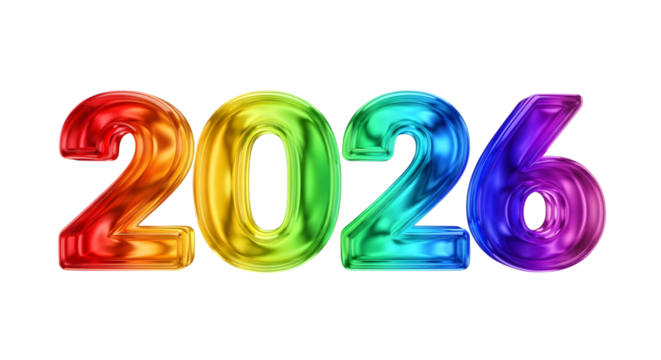 Colorful 2026 numbers isolated on transparent background