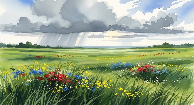 Watercolor rendition of a verdant meadow beneath a tempestuous sky - Powered by Adobe