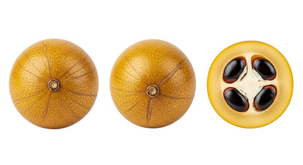 Lucuma Exotic Fruit Still Life Round Golden Peruvian Fruit with Shiny Seeds Foodie Ingredient on transparent background