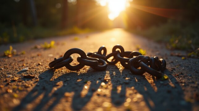 Sunlight shining on broken shackles lying on the ground.
