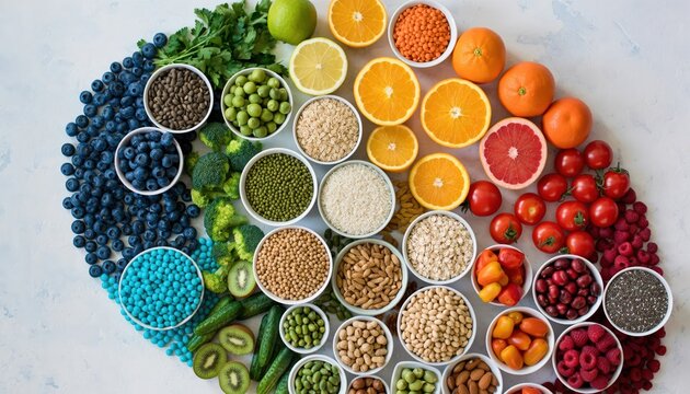 Healthy foods arranged in brain shape promoting healthy eating habits