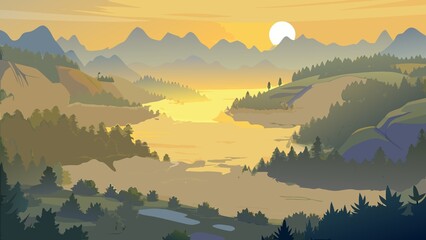 Serene mountain valley with a winding river at sunrise or sunset