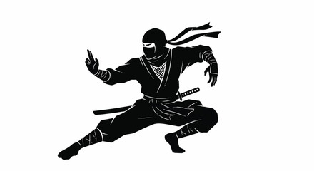A dramatic black silhouette vector illustration of a mysterious ninja warrior standing in an aggressive fighting stance on an isolated white background, emphasizing stealth and skill.