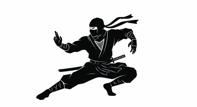 A dramatic black silhouette vector illustration of a mysterious ninja warrior standing in an aggressive fighting stance on an isolated white background, emphasizing stealth and skill.