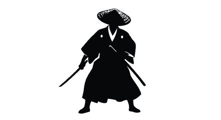 Black flat 2D vector illustration of a dramatic ronin silhouette standing in a traditional Japanese outfit, isolated against a pure white background, capturing historical warrior solitude.