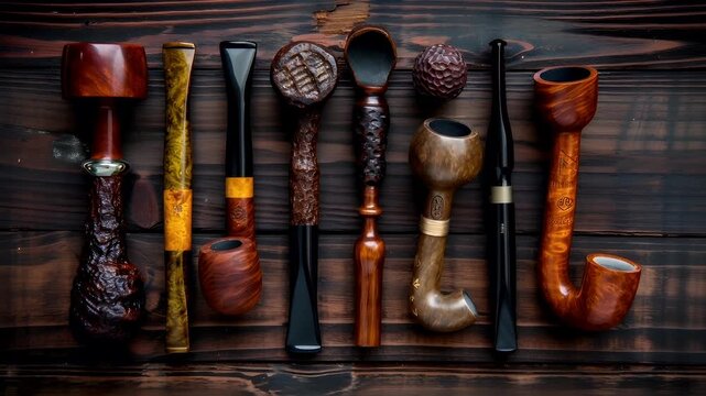 Marijuana cannabis topic concept. A collection of smoking pipes laid out on a rustic wooden surface.